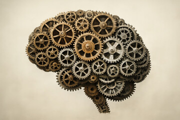 Obraz premium Surreal concept of a human brain built from interlocking gears and cogs. Metallic bronze and silver textures form the brains structure, symbolizing intelligence, creativity