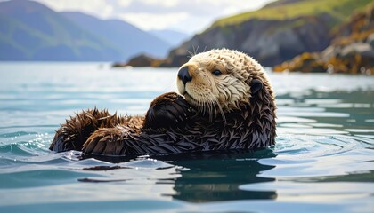 A sea otter floats serenely in the tranquil waters of a coastal region, its soft fur glistening under the natural light.