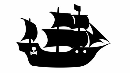 Silhouette of a pirate ship with sails and a skull and crossbones on the hull sailing on the open sea