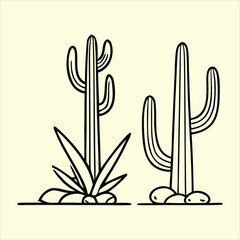 Fototapeta premium Minimal Desert Cactus Vector Set – Line Art Featuring Saguaro and Agave Plants with Stones – Perfect for Nature, Southwestern, Boho, or Rustic Graphic and Logo Designs.