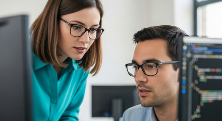 Close-up of two colleagues, man and woman, wearing glasses, attentively reviewing code on a computer screen, showcasing teamwork and collaboration in software development