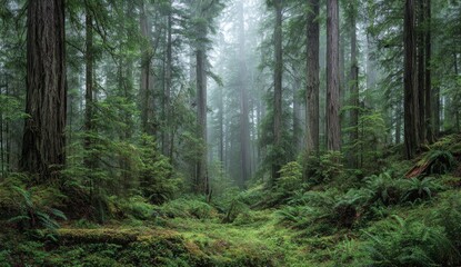 Obraz premium Misty forest scene with tall trees