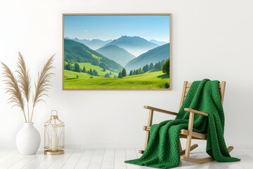 Cozy living room scene with mountain landscape art and green blanket on chair