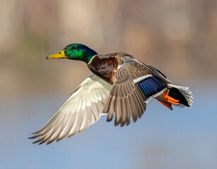 Obraz premium ánade real (Anas platyrhynchos) en primer plano, volando con las alas extendidas. Se aprecian en detalle las plumas marrones y grises del cuerpo, el característico cuello verde iridiscente del macho