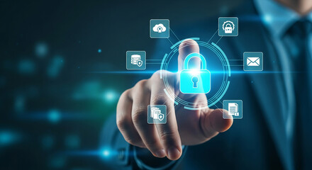 Hand interacting with digital padlock interface, showcasing data protection and cybersecurity concepts, symbolizing online security and digital safety