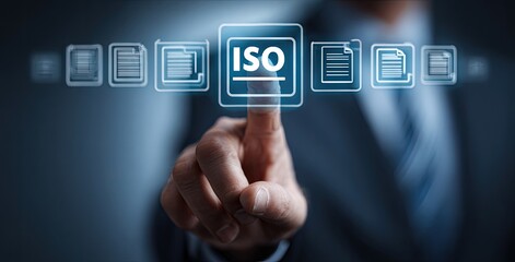 Businessman touching a digital ISO button (1)