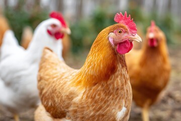 Free-range chickens foraging for food on a farm
