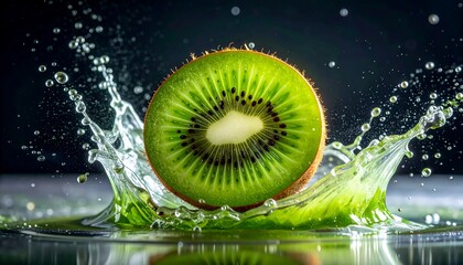 A vibrant kiwi slice rests amidst a dynamic splash of liquid, showcasing a fresh, healthy composition against a dark backdrop.