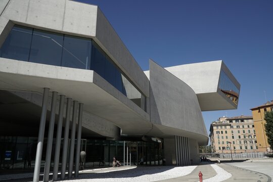 Rome, Italy - September 5, 2025, architectural detail of the MAXXI building, National Museum of 21st Century Arts, designed by architect Zaha Hadid.