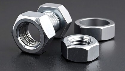 Three metallic nuts on a dark surface.  Close-up view