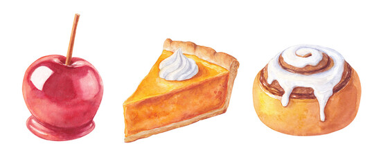Watercolor fall dessert for menu: hand drawn pumpkin pie, caramel apple and cinnamon roll illustration. Thanksgiving sweet collection