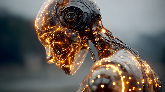 A futuristic humanoid robot with glowing circuitry ad digital connections.