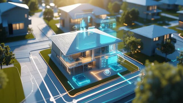 Modern smart home with digital energy system visualization showing connected devices, automation technology, and sustainable living design