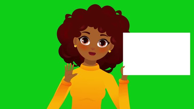 Afro girl with curly hair holding white sheet in hand. Anime woman mockup for advertising