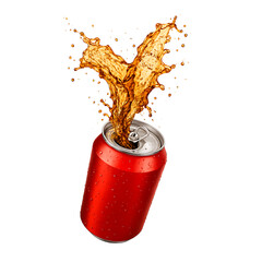  Orange soda splashing out of canned isolated on white background
