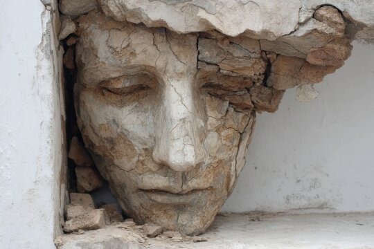 Aged stone face sculpture emerging from crumbling plaster wall with cracked texture and weathered appearance
