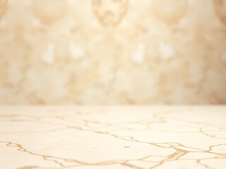 Soft beige marble table surface with blurred patterned background