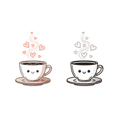 Cute Coffee Cups with Heart-Shaped Steam A Warm & Loving Kawaii Drink Illustration