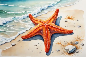 A Vibrant Red Starfish on a Sandy Beach, Capturing the Essence of Coastal Beauty and Marine Life Amidst Gentle Waves and Soft Shoreline Details