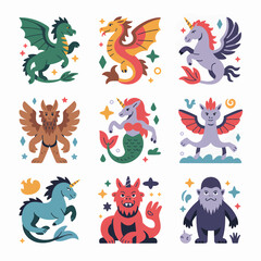 Collection of colorful mythical creatures including dragons unicorns griffins and mermaids in a cartoon style perfect for fantasy illustrations and children's designs with a whimsical touch