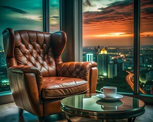 Luxurious leather armchair with city sunset view elegant interior design photography