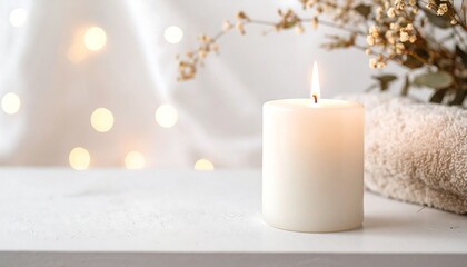 Soft candle and towel on a white surface