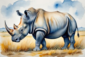 A Magnificent Rhino Standing Proudly in a Serene Landscape, Captured in Beautiful Watercolor with Rich Details and Vibrant Earthy Tones