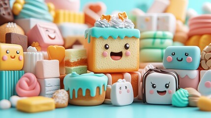 Cartoonish cakes, donuts, and marshmallows smile joyfully in a pastel-colored world. The whimsical image radiates fun, sweetness, and childlike delight.