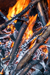 Fireplace burning wood logs, glowing embers, cozy warmth, relaxing atmosphere