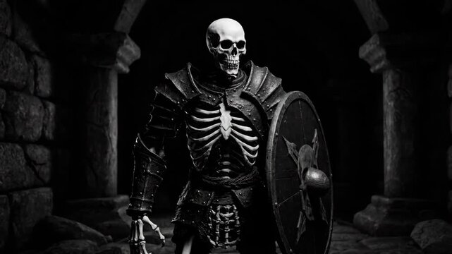 Skeleton Knight in Dark Dungeon - A monochrome video depicts a skeletal knight clad in dark armor, holding a large shield.