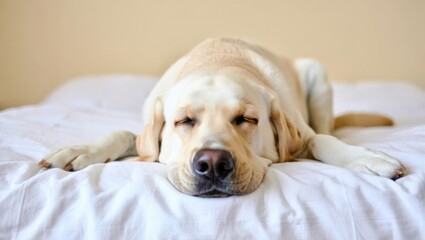 A Calm and Content Labrador Retriever Comfortably Resting on a Soft Bed, Exuding Tranquility and Relaxation in a Warm Indoor Setting