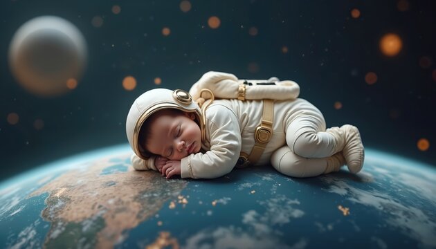 Peaceful baby astronaut sleeps on planet Earth, wearing white space suit, helmet. Tiny dreamer floats in cosmic creche surrounded by stars. Represents childhood, future, exploration, dreams. Night