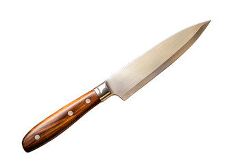 A sharp chef's knife with a polished stainless steel blade and a beautifully grained wooden handle lies on a pure white background, isolated