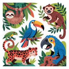 Naklejka premium Colorful jungle animals illustration featuring a sloth toucan monkey parrot jaguar and frog amidst lush green foliage perfect for children's books and educational materials