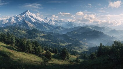 Fototapeta premium Mountain vista with snow-capped peaks, lush valleys, and forests