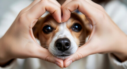 a cute beagle dog looks through a heart shape made with human hands