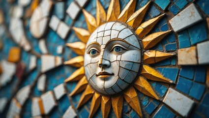 Vibrant Mosaic Sun Face Design Featuring Intricate Patterns and Radiant Colors in a Captivating Art Piece for Decoration and Inspiration