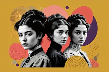 A Captivating Trio of Vintage Portraits Celebrating Women's Elegance and Strength Against a Vibrant Geometric Background
