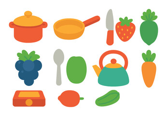 Autumn harvest icons: wheat, pumpkin, apple, corn, rake, basket, scarecrow, sunflower