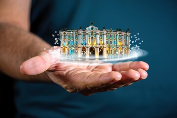 A Person's Hand Holding a Miniature Model of an Ornate Palace Surrounded by Mysterious Sparkles in a Mystical Setting
