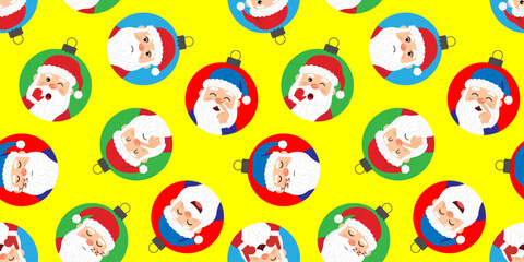 funny santa faces repeating vector texture various expressions winter greeting cards party invitations yellow background