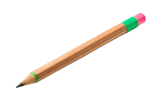 A simple, sharpened wooden pencil with a green and pink eraser, isolated on a pure white background, perfect for creative projects and educational purposes