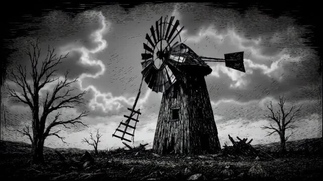 Haunted Windmill Sketch - A black and white sketch depicting an old, dilapidated windmill under a stormy sky. Bare trees and debris surround the structure, creating a spooky and atmospheric scene.