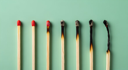 Line of Matches Displaying Stages of Burn on a Turquoise Background