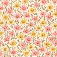 Vibrant Floral Pattern A Delicate Watercolor Design Featuring Pink and Yellow Flowers