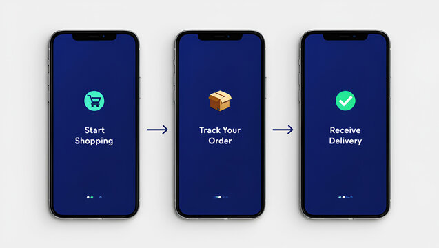 Three phones display shopping delivery process technology