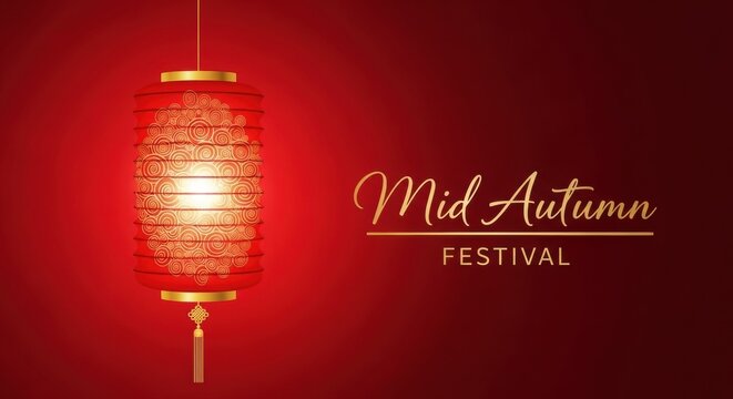 Red background with lantern and mid autumn festival text in golden color elegant design style art