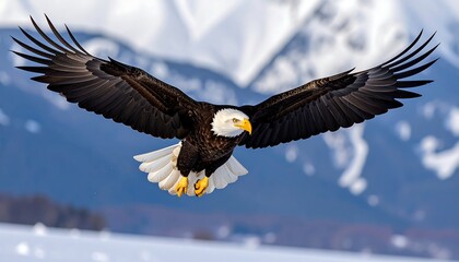 Fototapeta premium Majestic bald eagle soaring above snowy mountains