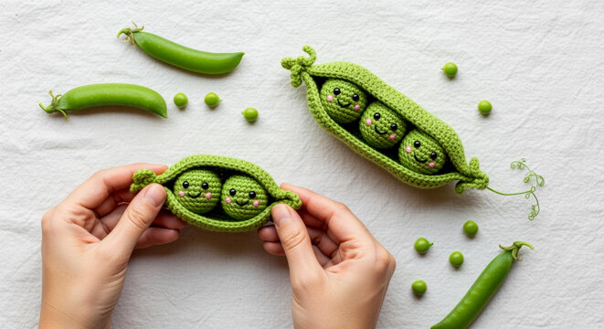 two hands hold a cute crocheted pea pod with a smiling face - Powered by Adobe