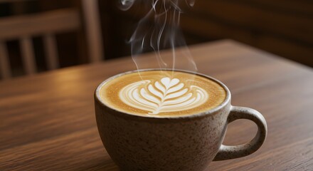 A close up of a latte with latte art sitting on a wooden table with steam rising from the drink